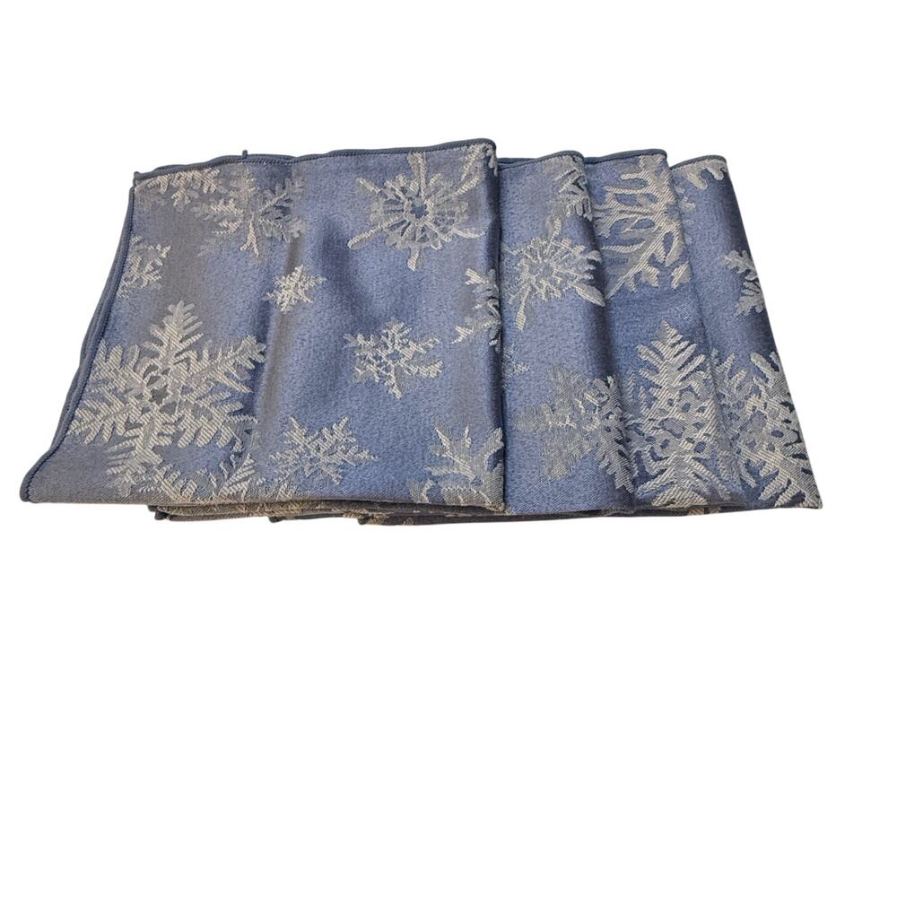 Holiday Satin Jacquard Fabric Textured Snowflakes Blue Square Napkins‎ Set of 4